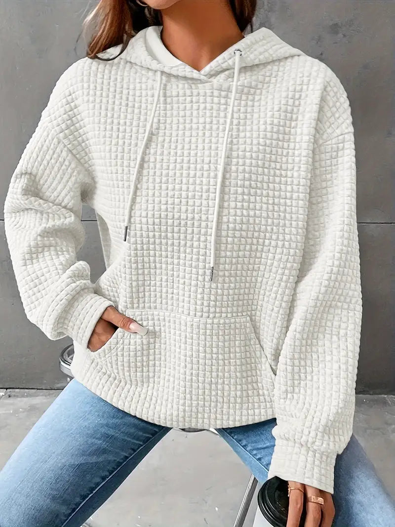 Waffle Grid Kangaroo Pocket Drawstring Hoodies Sweatshirt