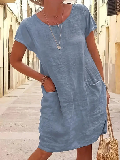 Loose Solid Short Sleeve Knee-Length Round Neck Pocket Dress