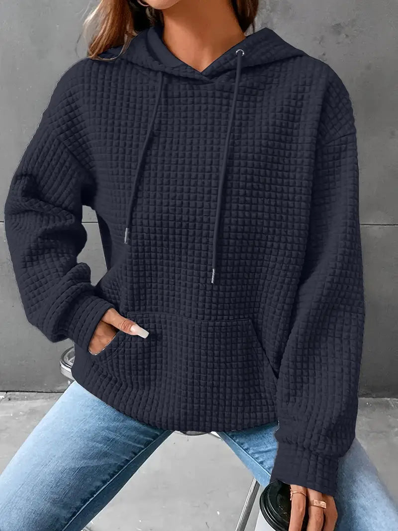 Waffle Grid Kangaroo Pocket Drawstring Hoodies Sweatshirt