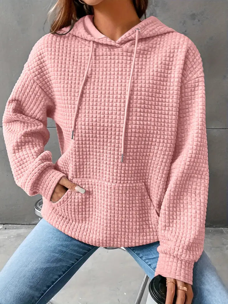 Waffle Grid Kangaroo Pocket Drawstring Hoodies Sweatshirt